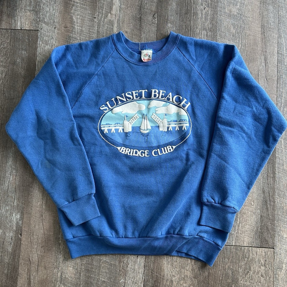 Vintage Sunset Beach NC Bridge Club Sweatshirt Fruit of the Loom L Made USA